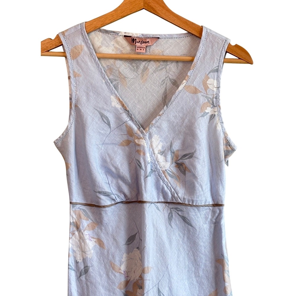Monsoon Floral Linen Midi Dress Light Blue Womens Size 6 V-Neck Sleeveless Boho - Picture 2 of 9